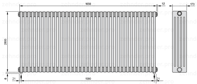 Схема (чертеж) Радиатор Zehnder Charleston 5280/36 №5310 Белый глянцевый RAL 9016